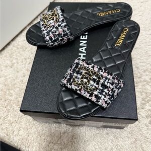 CHANEL Black and Pink Tweed Slide Sandals